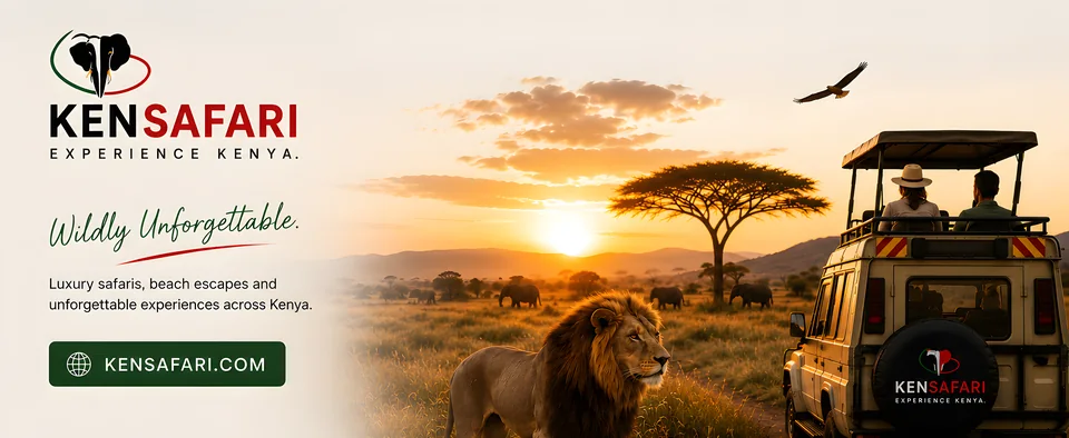 KenSafari – Experience Kenya: lion and safari vehicle in the savanna at sunset