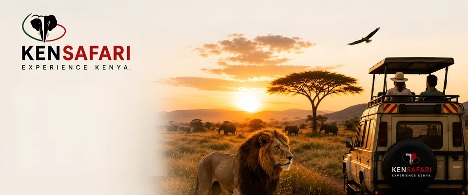 KenSafari – Experience Kenya: lion and safari vehicle in the savanna at sunset